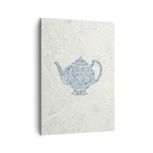 Cuadro sobre lienzo - Impresión de Imagen - Dibujo decorativo de una tetera con adornos azules. - 50x70cm - El encanto del té - Decoración de pared moderna para salón y dormitorio ARTTOR