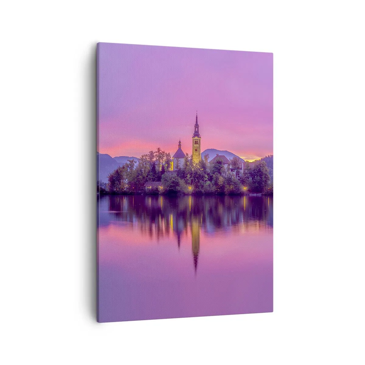Cuadro sobre lienzo - Impresión de Imagen - Lago con una isla y una iglesia al atardecer - 50x70cm - Isla de cuento de hadas al atardecer - Decoración de pared moderna para salón y dormitorio ARTTOR
