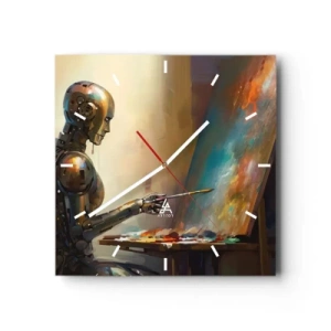 Reloj de pared - Reloj de vidrio - Un robot pintando sobre un lienzo con un estilo artístico. - 30x30cm - Arte del futuro - Decoración de pared moderna para salón y dormitorio ARTTOR