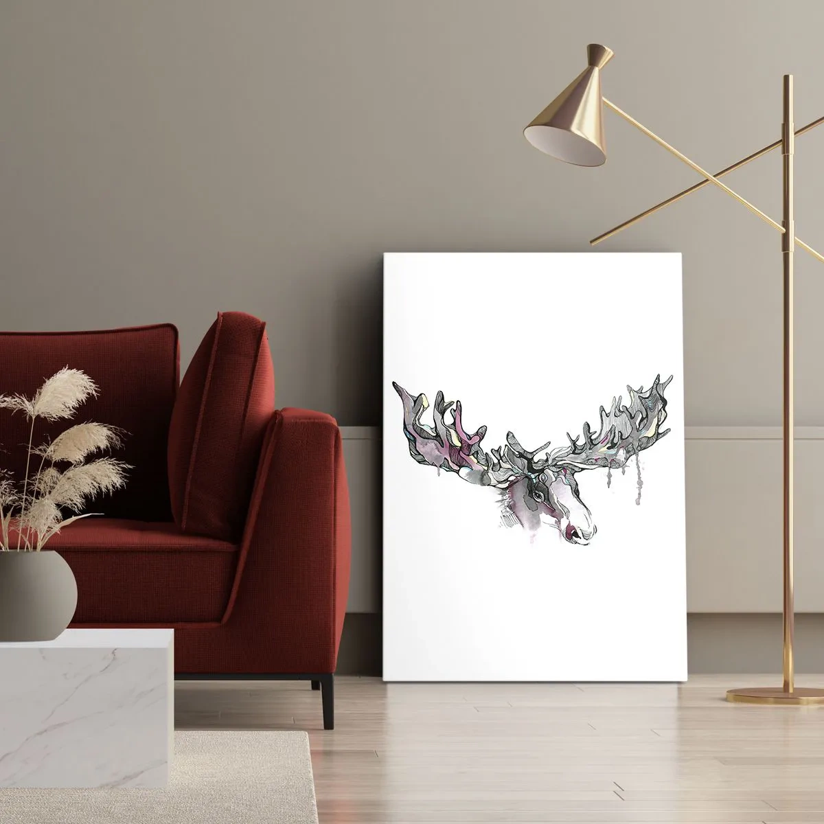 Cuadro sobre lienzo - Impresión de Imagen - Acuarela artística de un alce con ricas astas. - 80x120cm - La corona del rey del bosque - Decoración de pared moderna para salón y dormitorio ARTTOR