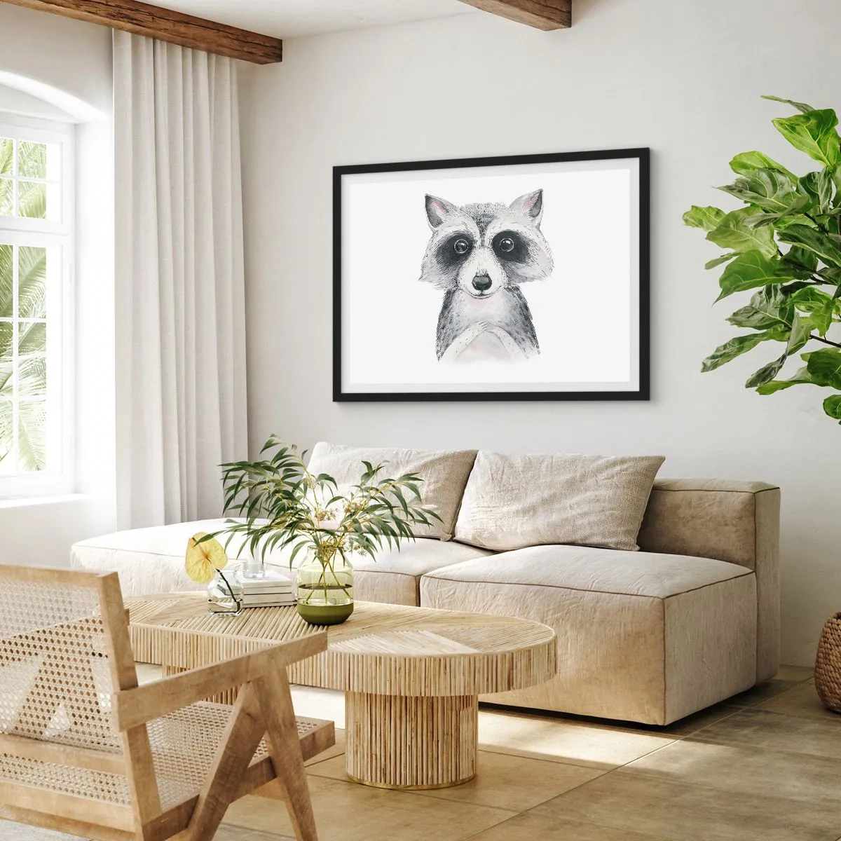 Póster en marco negro - Adorable retrato de un mapache sobre un fondo blanco. - 100x70cm - Un momento para la emoción - Decoración de pared moderna para salón y dormitorio ARTTOR