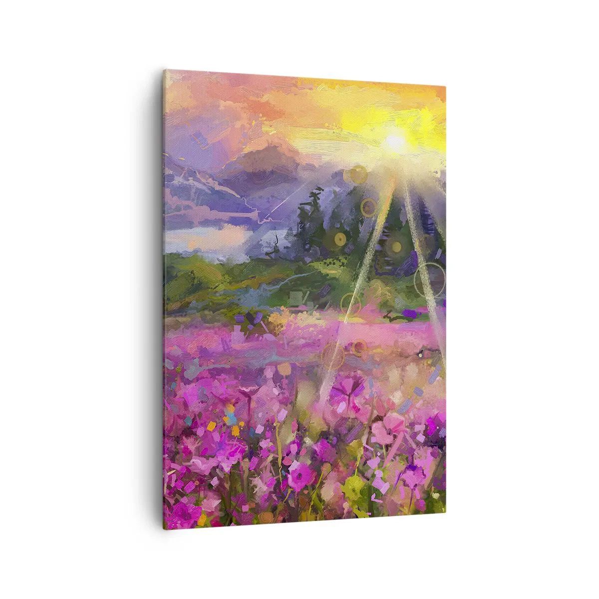 Cuadro sobre lienzo - Impresión de Imagen - Un prado pintoresco bajo los rayos del sol poniente. - 70x100cm - En un valle bajo la protección del sol - Decoración de pared moderna para salón y dormitorio ARTTOR