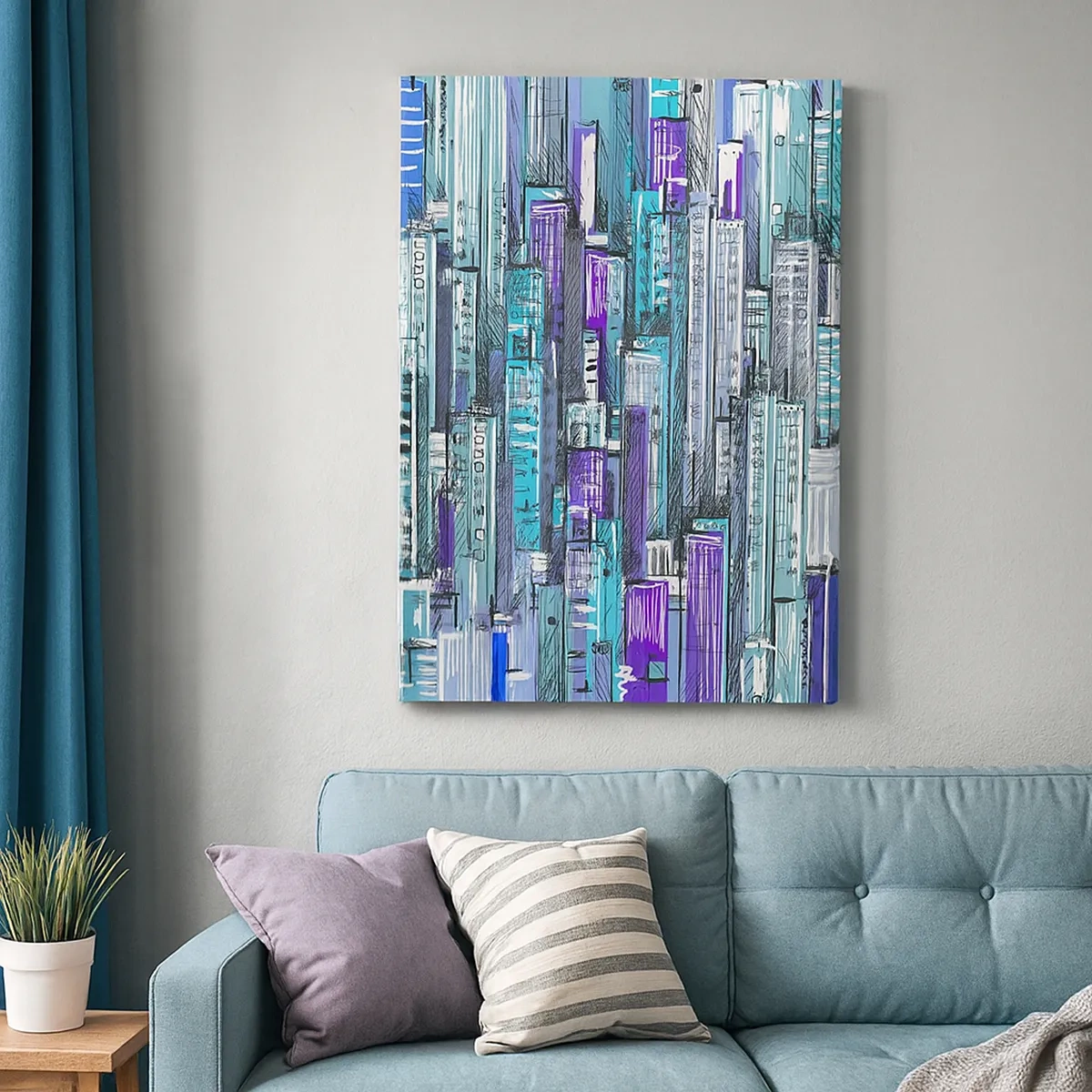 Cuadro sobre lienzo - Impresión de Imagen - Ilustración de una ciudad con edificios geométricos en tonos azules y morados. - 50x70cm - Azul del cielo - Decoración de pared moderna para salón y dormitorio ARTTOR