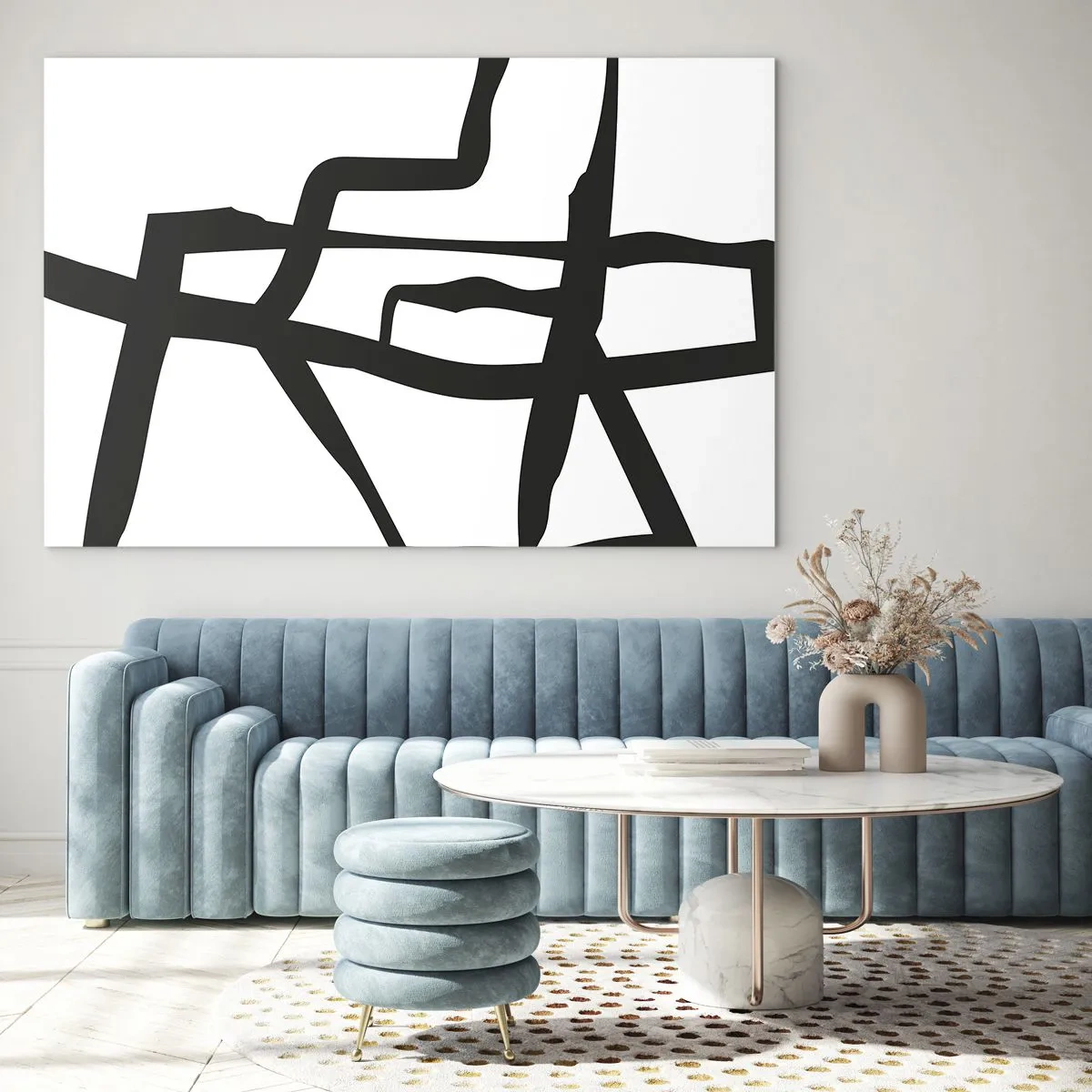 Cuadro sobre vidrio - Impresiones sobre Vidrio - Una estructura abstracta en blanco y negro que se asemeja a un diseño urbano. - 70x50cm - Construcción en blanco y negro - Decoración de pared moderna para salón y dormitorio ARTTOR