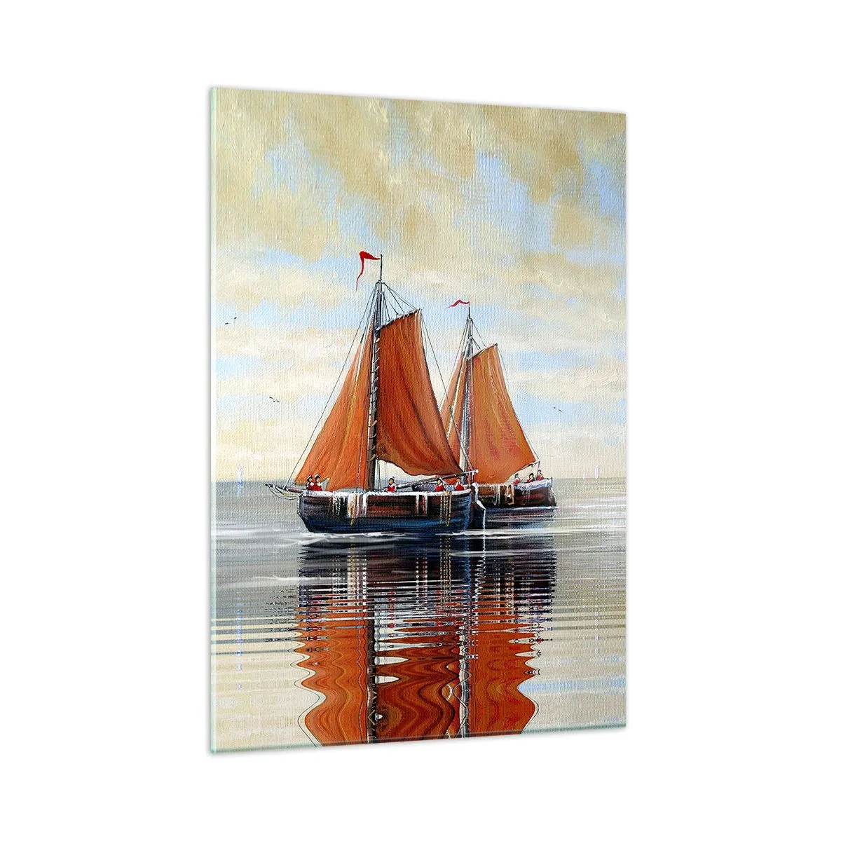 Cuadro sobre vidrio - Impresiones sobre Vidrio - Barcos de vela en un mar tranquilo al atardecer - 50x70cm - Navega, marinero.... - Decoración de pared moderna para salón y dormitorio ARTTOR