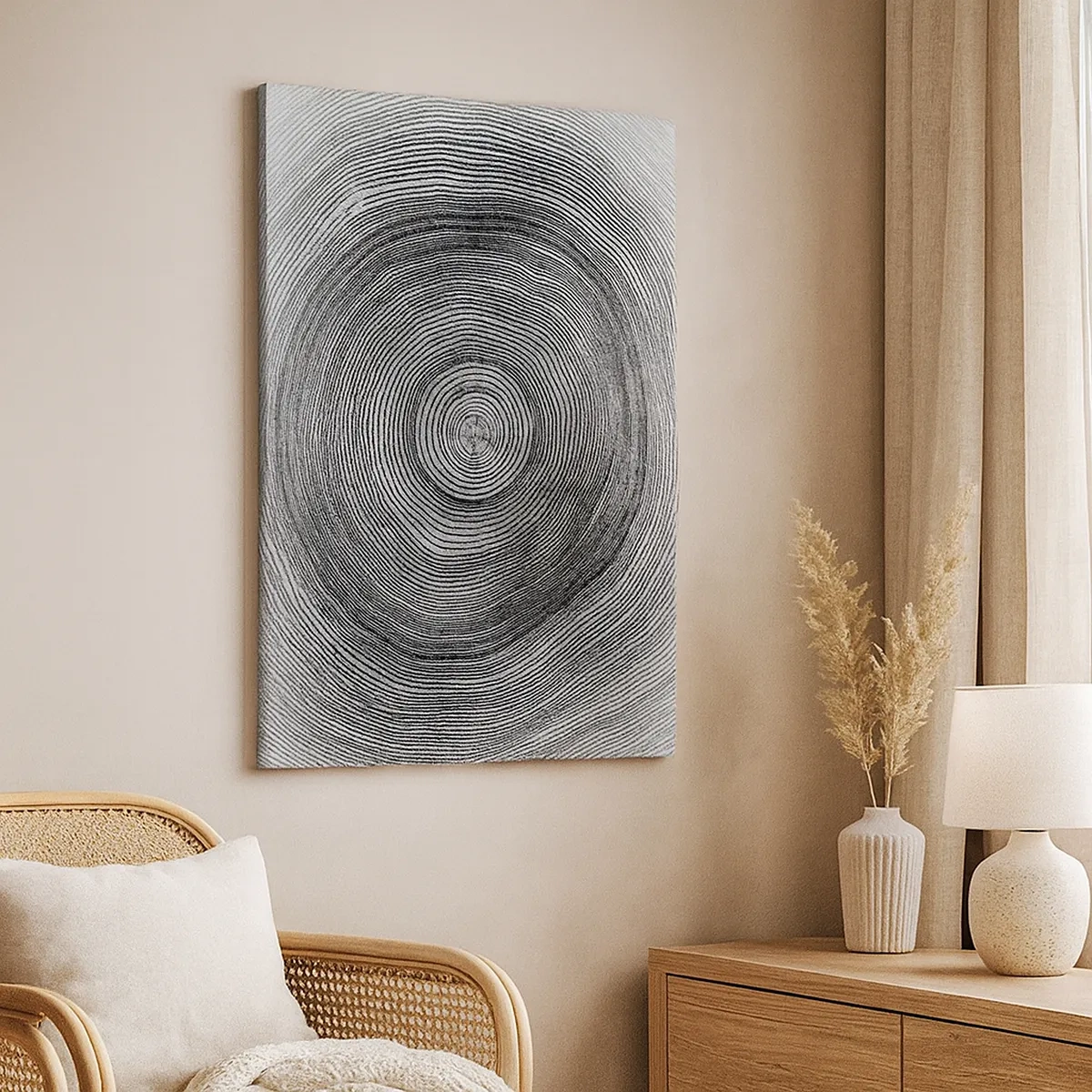 Cuadro sobre lienzo - Impresión de Imagen - Patrón de anillos de árboles en blanco y negro que muestra una sección transversal del tronco. - 50x70cm - El paso del tiempo - Decoración de pared moderna para salón y dormitorio ARTTOR