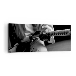 Cuadro sobre lienzo - Impresión de Imagen - Un samurái con kimono sosteniendo una katana en blanco y negro. - 120x50cm - Alma de guerrero - Decoración de pared moderna para salón y dormitorio ARTTOR
