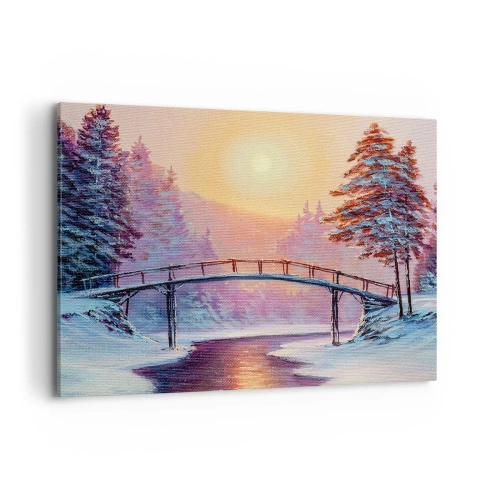 Cuadro sobre lienzo - Impresión de Imagen - Paisaje invernal con un puente iluminado por el atardecer. - 100x70cm - Las cuatro estaciones: el invierno - Decoración de pared moderna para salón y dormitorio ARTTOR