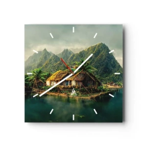 Reloj de pared - Reloj de vidrio - Una isla tropical con palmeras y montañas al fondo. - 30x30cm - Paraíso tropical - Decoración de pared moderna para salón y dormitorio ARTTOR