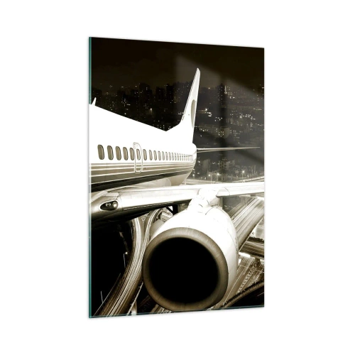 Cuadro sobre vidrio - Impresiones sobre Vidrio - Un avión sobre la ciudad por la noche con un ambiente industrial. - 50x70cm - Vuela hacia la noche - Decoración de pared moderna para salón y dormitorio ARTTOR