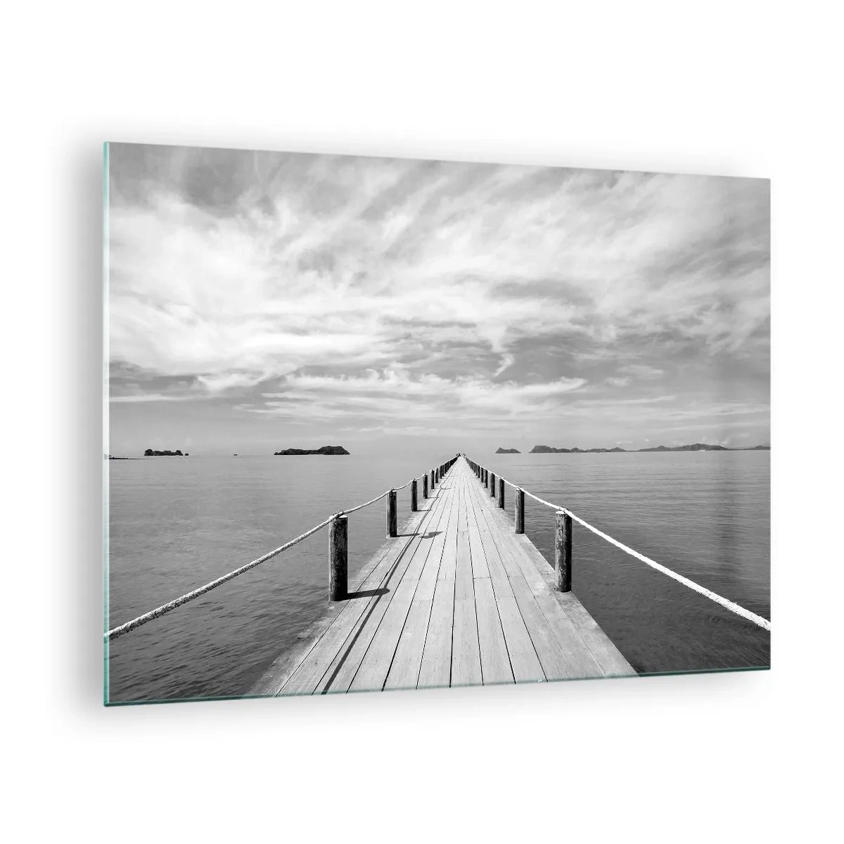 Cuadro sobre vidrio - Impresiones sobre Vidrio - Un muelle de madera que se pierde en la distancia a través de un mar en calma. - 70x50cm - Hora de viajar - Decoración de pared moderna para salón y dormitorio ARTTOR