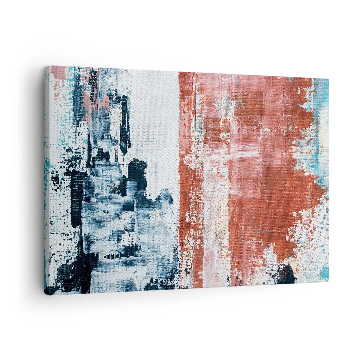Cuadro sobre lienzo - Impresión de Imagen - Abstracción en colores blanco, azul y ladrillo. - 70x50cm - Mitad abstracción, mitad abstracción - Decoración de pared moderna para salón y dormitorio ARTTOR
