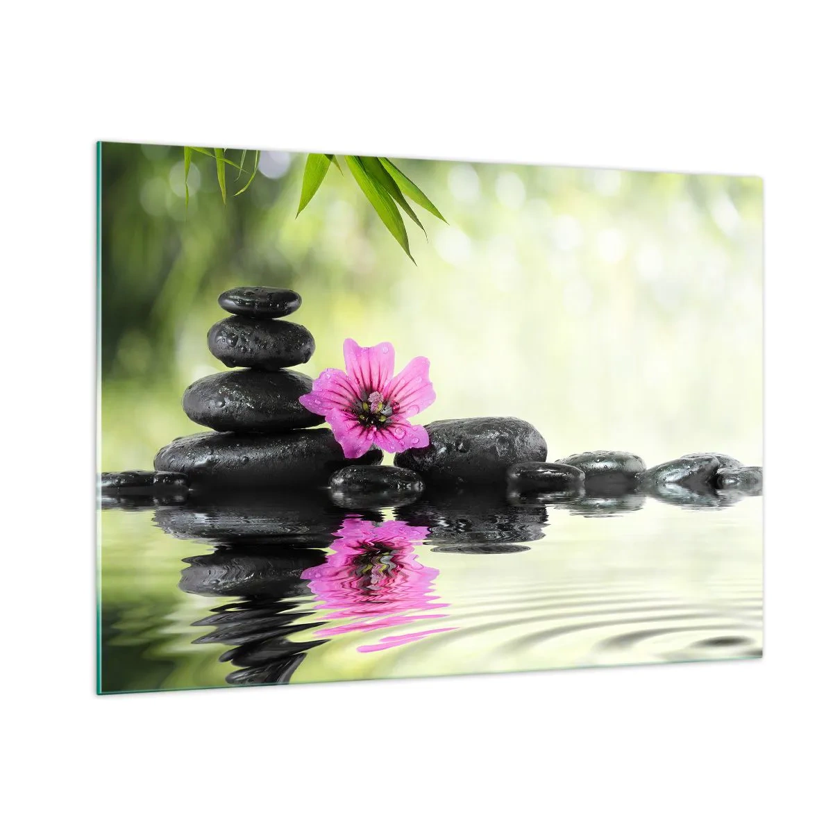 Cuadro sobre vidrio - Impresiones sobre Vidrio - Piedras negras y una flor rosa sobre un fondo de naturaleza. - 100x70cm - Tiempo para el alma - Decoración de pared moderna para salón y dormitorio ARTTOR