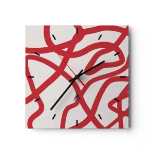 Reloj de pared - Reloj de vidrio - Líneas abstractas rojas sobre un fondo blanco - 30x30cm - Rojo sobre blanco - Decoración de pared moderna para salón y dormitorio ARTTOR