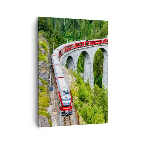 Cuadro sobre lienzo - Impresión de Imagen - Un tren en un pintoresco viaducto en un paisaje montañoso. - 50x70cm - Atravesando las montañas - Decoración de pared moderna para salón y dormitorio ARTTOR