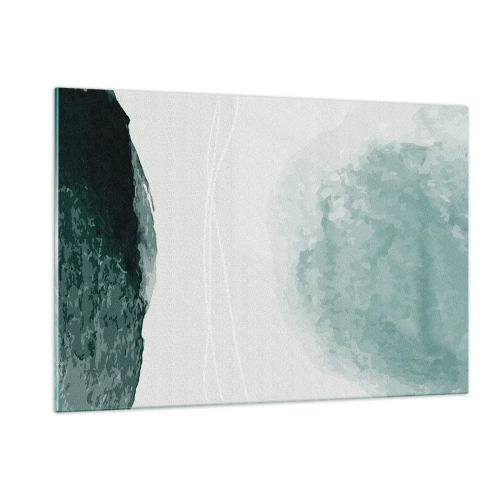 Cuadro sobre vidrio - Impresiones sobre Vidrio - Formas abstractas verdes sobre un fondo claro que se asemejan a la niebla. - 120x80cm - Un encuentro con la niebla - Decoración de pared moderna para salón y dormitorio ARTTOR