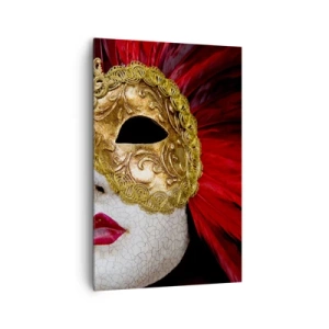 Cuadro sobre lienzo - Impresión de Imagen - Máscara veneciana dorada con plumas rojas - 80x120cm - Promesa de aventura carnavalesca - Decoración de pared moderna para salón y dormitorio ARTTOR