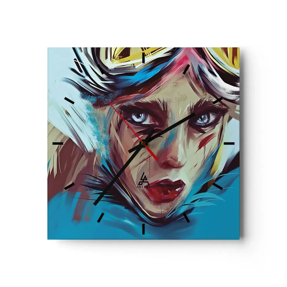 Reloj de pared - Reloj de vidrio - Retrato de una mujer en colores dinámicos y estilo abstracto. - 30x30cm - Guerrera colorida - Decoración de pared moderna para salón y dormitorio ARTTOR