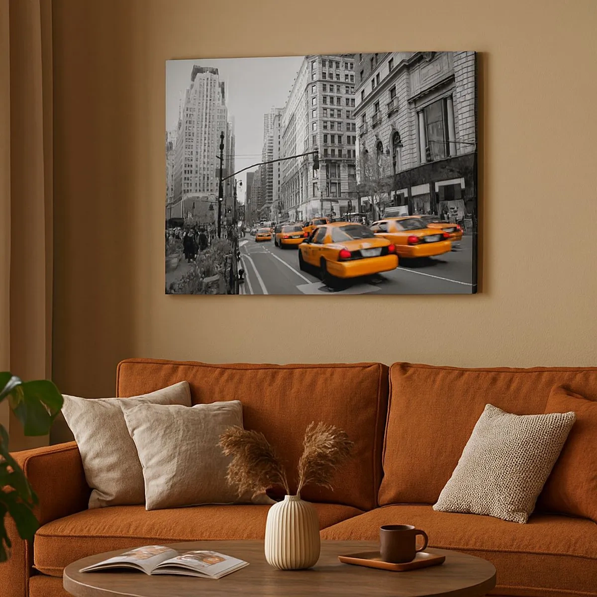 Cuadro sobre lienzo - Impresión de Imagen - Taxis amarillos en las calles de Nueva York - 70x50cm - Los soles de la gran ciudad - Decoración de pared moderna para salón y dormitorio ARTTOR