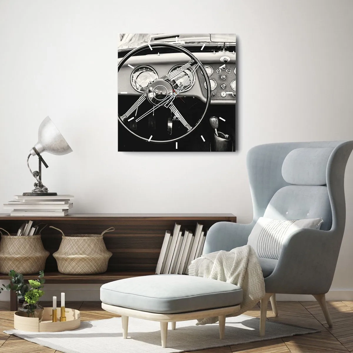 Reloj de pared - Reloj de vidrio - Interior de coche clásico en blanco y negro - 30x30cm - El sueño de un coleccionista - Decoración de pared moderna para salón y dormitorio ARTTOR