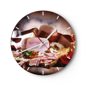 Reloj de pared - Reloj de vidrio - Arreglo de embutidos y carnes con copa de vino. - 30x30cm - Un sueño culinario  - Decoración de pared moderna para salón, cocina y dormitorio ARTTOR