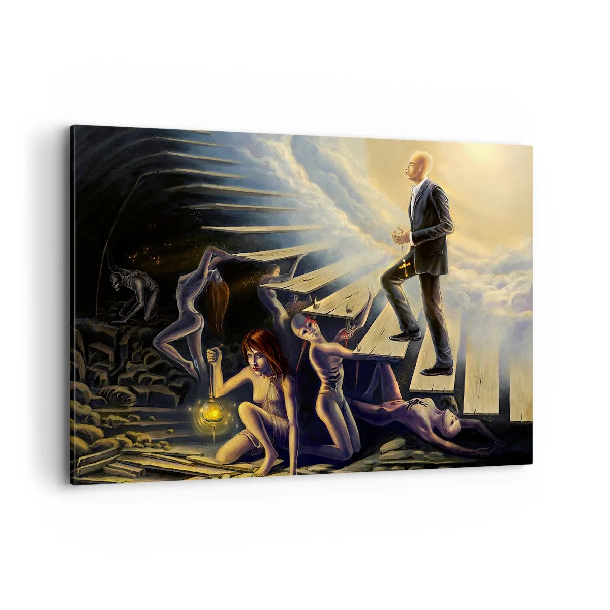 Cuadro sobre lienzo - Impresión de Imagen - Una escena simbólica del camino hacia la luz a través de una escalera destartalada. - 100x70cm - Dantesco viaje hacia la luz - Decoración de pared moderna para salón y dormitorio ARTTOR