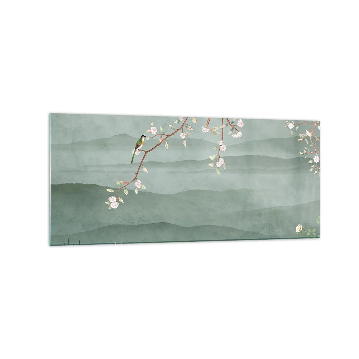 Cuadro sobre vidrio - Impresiones sobre Vidrio - Una imagen pintoresca de la rama de un árbol en flor con pájaros sobre un fondo de colinas verdes. - 120x50cm - Primavera, ah, eres tú - Decoración de pared moderna para salón y dormitorio ARTTOR