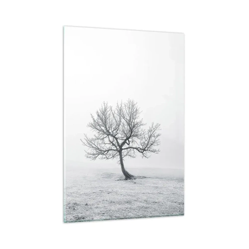Cuadro sobre vidrio - Impresiones sobre Vidrio - Un árbol solitario en la niebla invernal en un campo vacío. - 80x120cm - Contra la nada - Decoración de pared moderna para salón y dormitorio ARTTOR