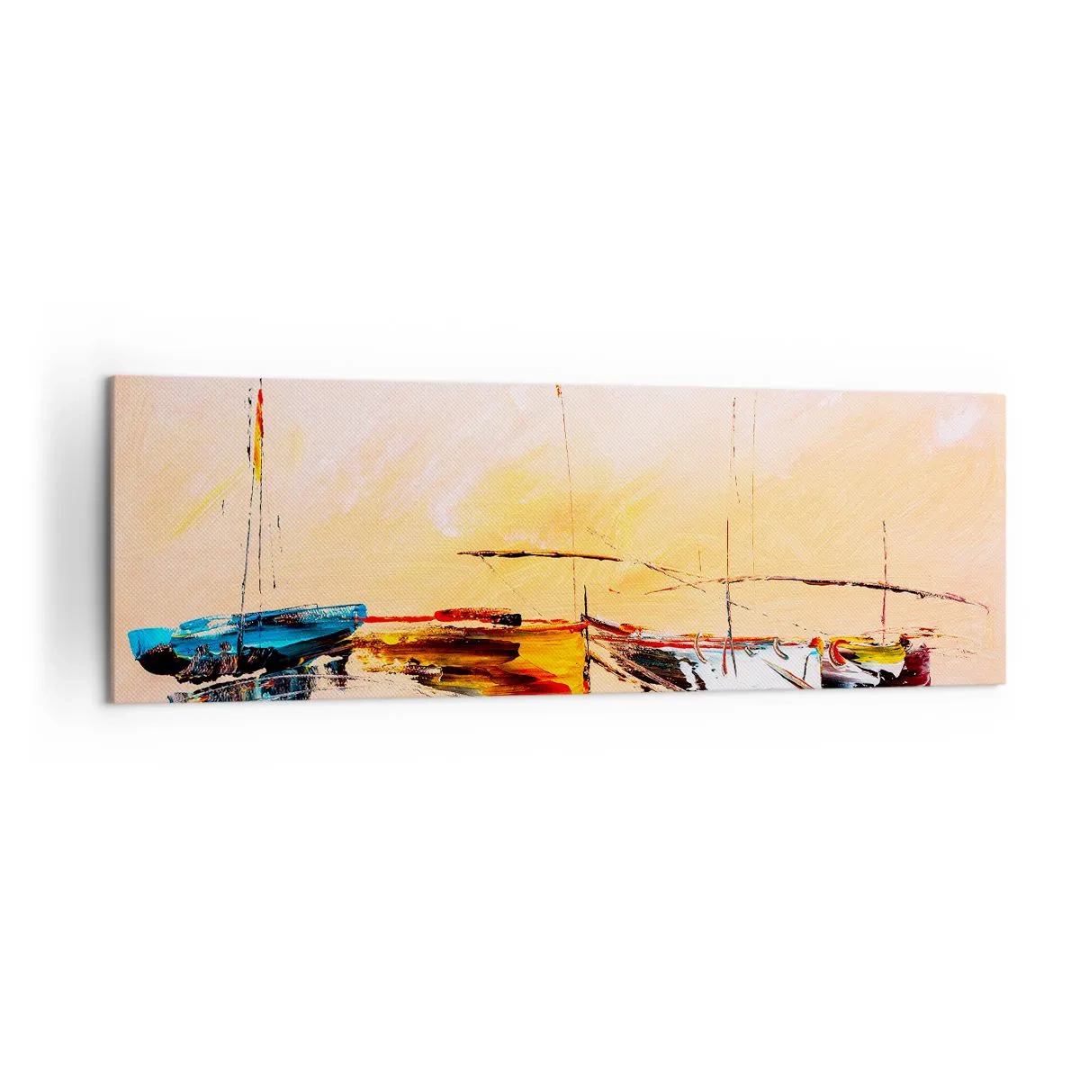 Cuadro sobre lienzo - Impresión de Imagen - Barcos coloridos en aguas tranquilas al atardecer - 160x50cm - Atardecer en el puerto deportivo - Decoración de pared moderna para salón y dormitorio ARTTOR