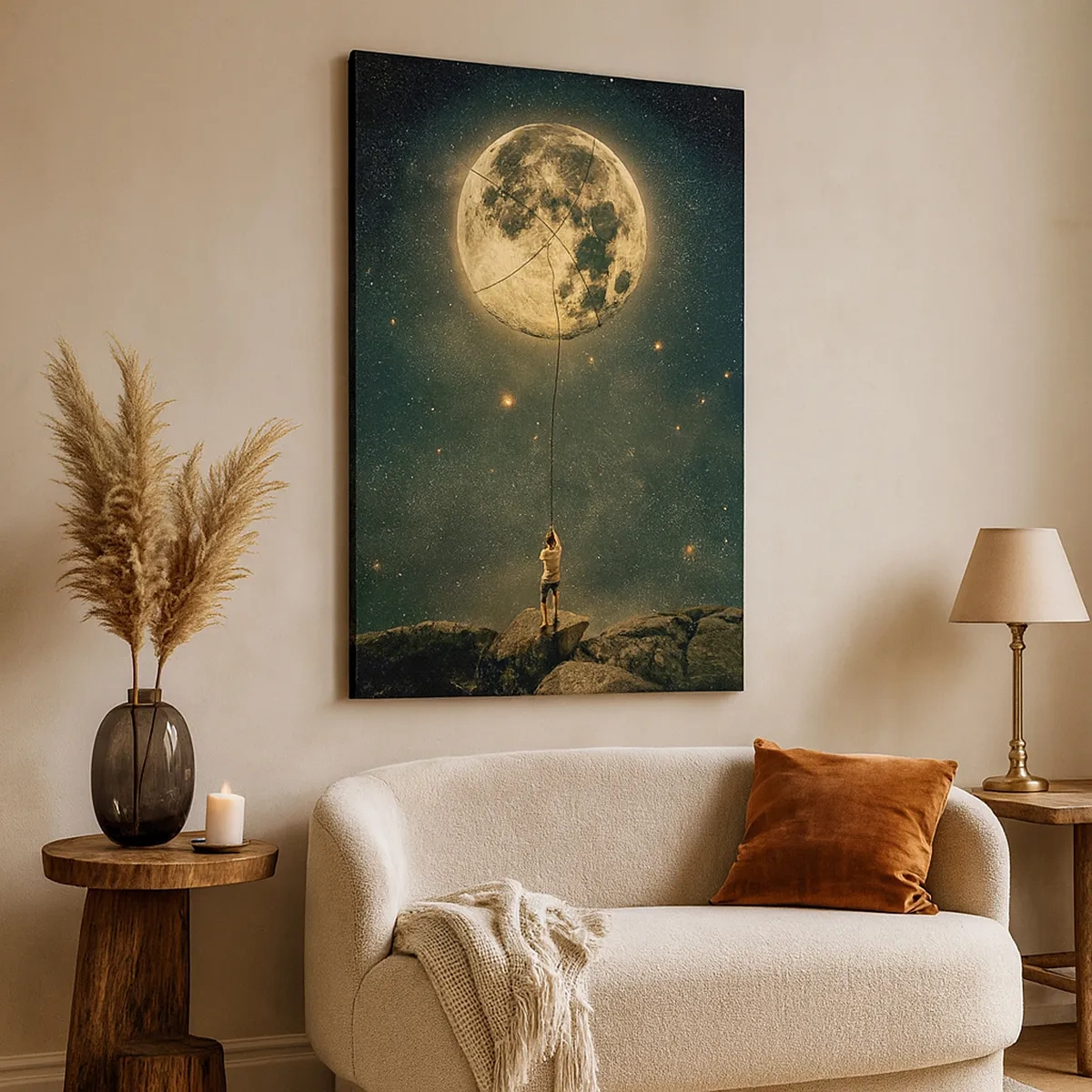 Cuadro sobre lienzo - Impresión de Imagen - Hombre con la luna contra el cielo estrellado - 50x70cm - El que robó la luna - Decoración de pared moderna para salón y dormitorio ARTTOR