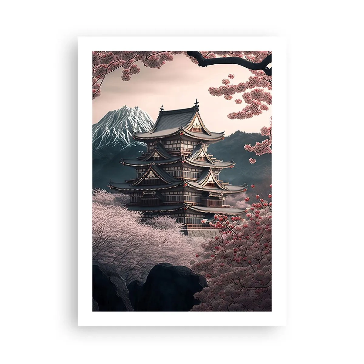 Póster - Pagoda japonesa entre flores de cerezo - 50x70cm - Tierra de cerezos en flor - Decoración de pared moderna para salón y dormitorio ARTTOR