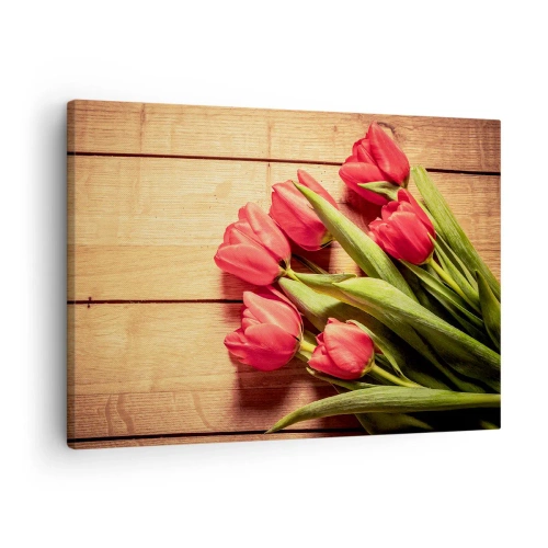 Cuadro sobre lienzo - Impresión de Imagen - Un ramo de tulipanes rosas sobre un fondo de madera. - 70x50cm - Una confesión primaveral - Decoración de pared moderna para salón y dormitorio ARTTOR