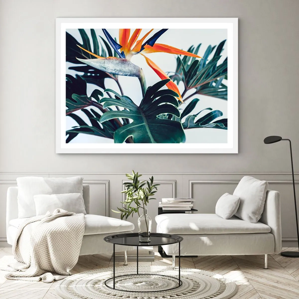 Póster en marco blanco - La jaula del pájaro colorido - 100x70 cm