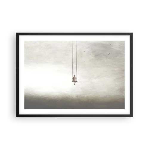 Póster en marco negro - Una figura en un columpio suspendida en el espacio. - 70x50cm - El niño que llevamos dentro - Decoración de pared moderna para salón y dormitorio ARTTOR