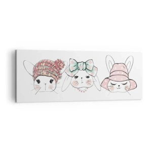 Cuadro sobre lienzo - Impresión de Imagen - Adorables conejitos con tocados en tonos pastel - 140x50cm - Reflexión, tristeza, alegría - Decoración de pared moderna para salón y dormitorio ARTTOR