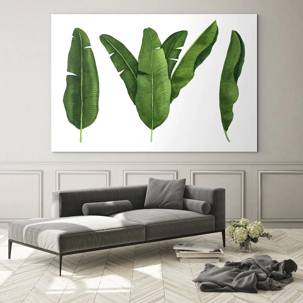 Cuadro sobre vidrio - Impresiones sobre Vidrio - Cuatro hojas de plátano verdes sobre un fondo blanco. - 70x50cm - Simetría verde - Decoración de pared moderna para salón y dormitorio ARTTOR