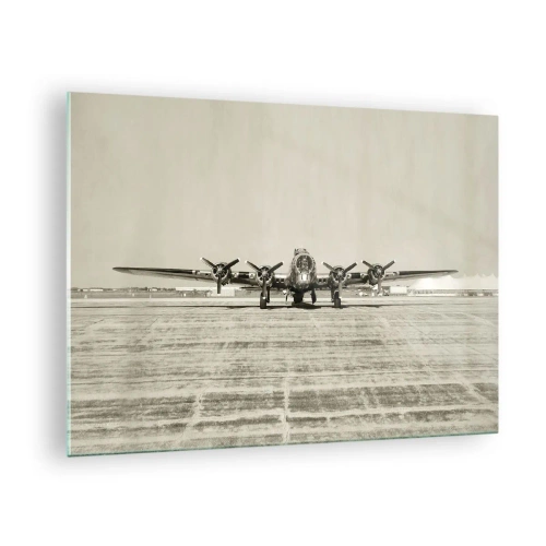Cuadro sobre vidrio - Impresiones sobre Vidrio - Avión histórico en el aeropuerto en estilo sepia. - 70x50cm - Como siempre, preparado - Decoración de pared moderna para salón y dormitorio ARTTOR