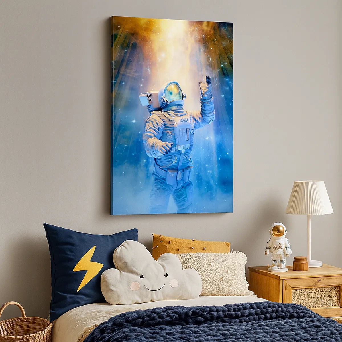 Cuadro sobre lienzo - Impresión de Imagen - Astronauta a la luz de una explosión cósmica llena de estrellas - 50x70cm - El descubrimiento - Decoración de pared moderna para salón y dormitorio ARTTOR