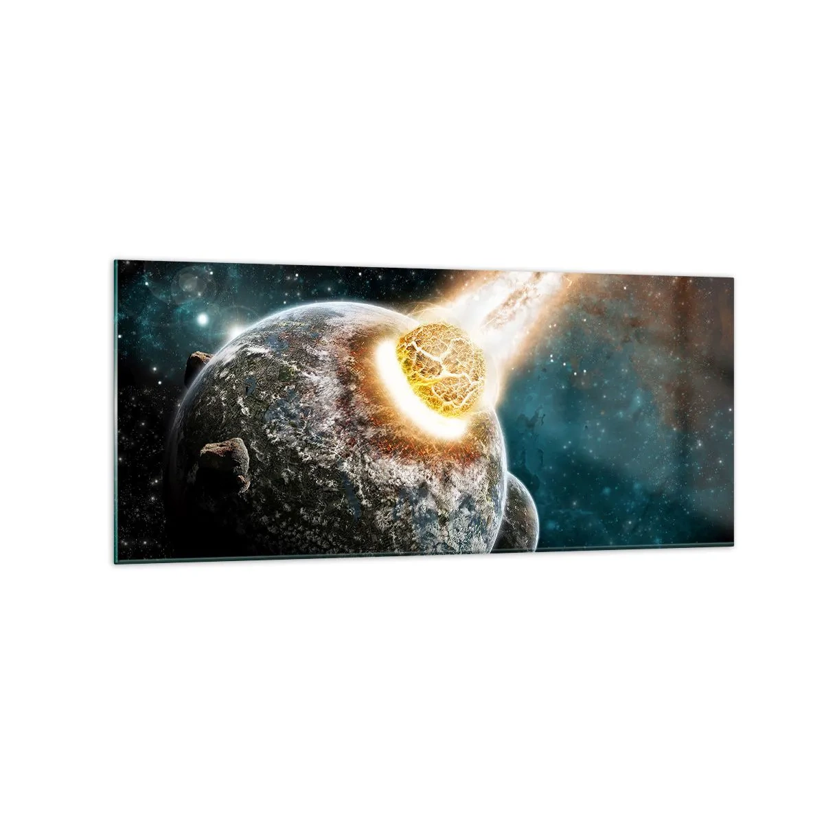 Cuadro sobre vidrio - Impresiones sobre Vidrio - Colisión cósmica de un planeta con un asteroide en las proximidades de la galaxia. - 120x50cm - ¿Condena o nacimiento? - Decoración de pared moderna para salón y dormitorio ARTTOR