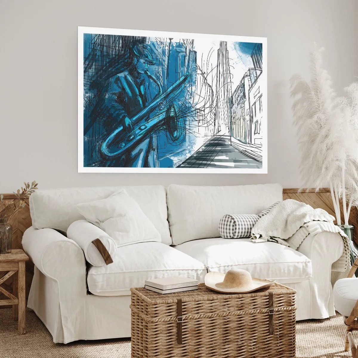 Póster - Una figura tocando el saxofón con una ciudad como telón de fondo. - 100x70cm - Rapsodia urbana - Decoración de pared moderna para salón y dormitorio ARTTOR