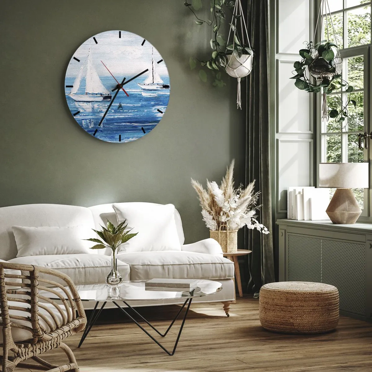 Reloj de pared - Reloj de vidrio - Veleros blancos en un mar azul en estilo pictórico - 30x30cm - Con un amigo a tu lado - Decoración de pared moderna para salón, cocina y dormitorio ARTTOR