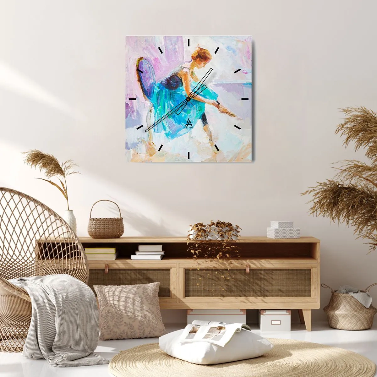 Reloj de pared - Reloj de vidrio - Una bailarina preparándose para bailar en tonos pastel. - 30x30cm - Gracia indescriptible, encanto sutil - Decoración de pared moderna para salón y dormitorio ARTTOR