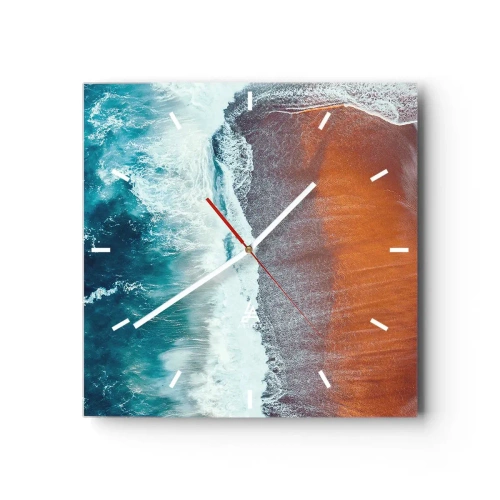 Reloj de pared - Reloj de vidrio - Una vista de las olas del océano rompiendo en la playa dorada. - 30x30cm - Un toque de océano - Decoración de pared moderna para salón y dormitorio ARTTOR