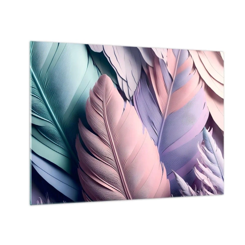 Cuadro sobre vidrio - Impresiones sobre Vidrio - Plumas pastel en tonos rosa, morado y turquesa. - 70x50cm - Pájaro chic - Decoración de pared moderna para salón y dormitorio ARTTOR