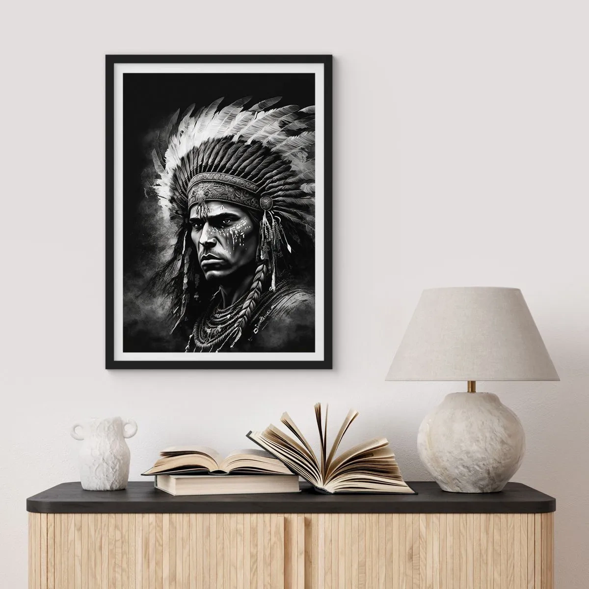 Póster en marco negro - Retrato de un guerrero con un tocado de plumas tradicional - 50x70cm - Líder y guerrero - Decoración de pared moderna para salón y dormitorio ARTTOR