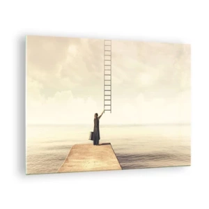 Cuadro sobre vidrio - Impresiones sobre Vidrio - Mujer en un muelle con una escalera que conduce al cielo. - 70x50cm - Un viaje mágico - Decoración de pared moderna para salón y dormitorio ARTTOR