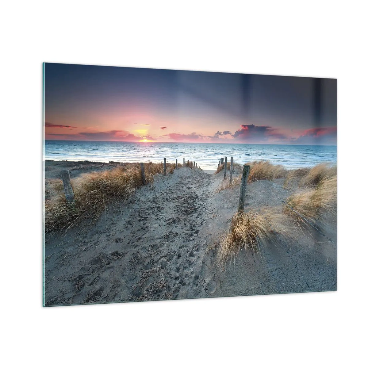Cuadro sobre vidrio - Impresiones sobre Vidrio - Camino a través de las dunas que conduce al mar al atardecer - 100x70cm - Se derramó un arco iris de luminosidad.... - Decoración de pared moderna para salón y dormitorio ARTTOR