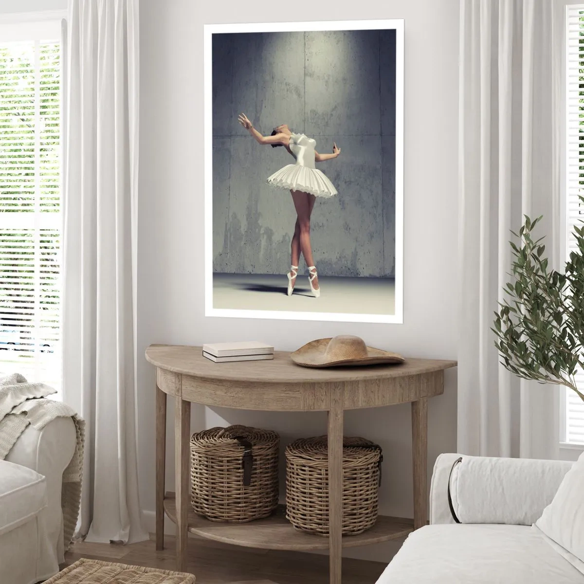 Póster - Una bailarina con un vestido blanco sobre el fondo de una pared de hormigón visto. - 50x70cm - Ligero como un pájaro - Decoración de pared moderna para salón y dormitorio ARTTOR
