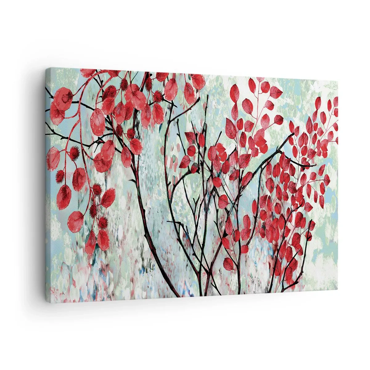 Cuadro sobre lienzo - Impresión de Imagen - Hojas rojas contra un cielo brillante con patrones abstractos. - 70x50cm - Un árbol en escarlata - Decoración de pared moderna para salón y dormitorio ARTTOR