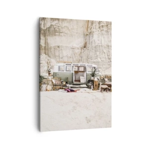 Cuadro sobre lienzo - Impresión de Imagen - Una caravana retro con diseño boho frente a un paisaje rocoso. - 50x70cm - Hora de empezar el viaje - Decoración de pared moderna para salón y dormitorio ARTTOR